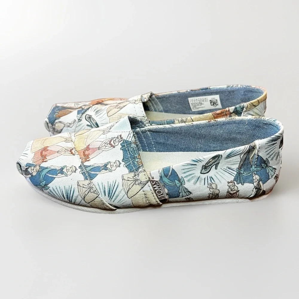 Disney X TOMS Girls Blue Cinderella Printed‎ Canvas Flats 5 LIMITED EDITION